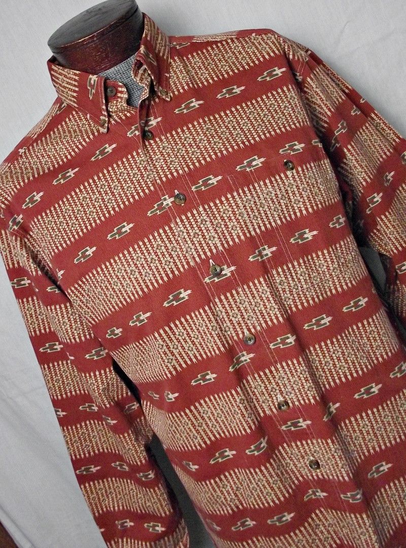 Woolrich Woolen Mills Mens Aztec Pattern Corduroy Shirt Rust Burnt Orange