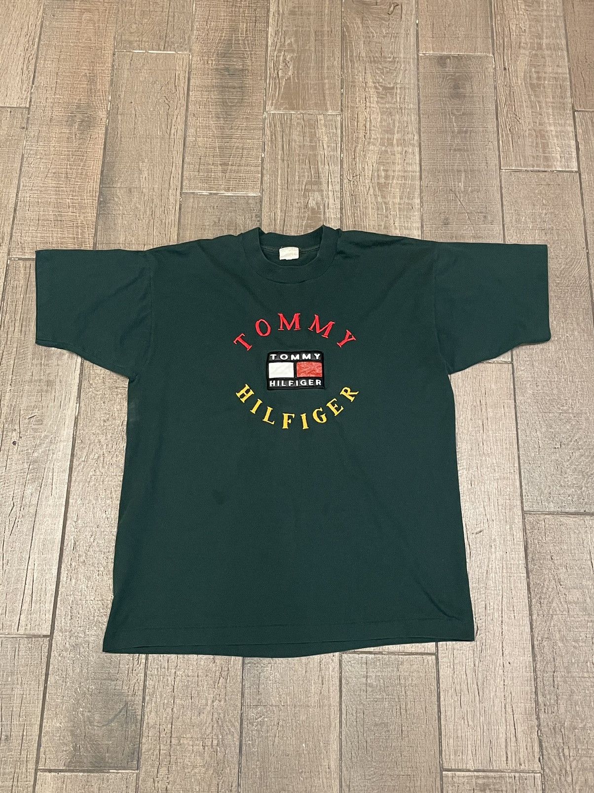 Vintage 90s Tommy Hilfiger Script Embroidered Bootleg Tee Hoodie, Sweatshirt | FlexRushtees.com