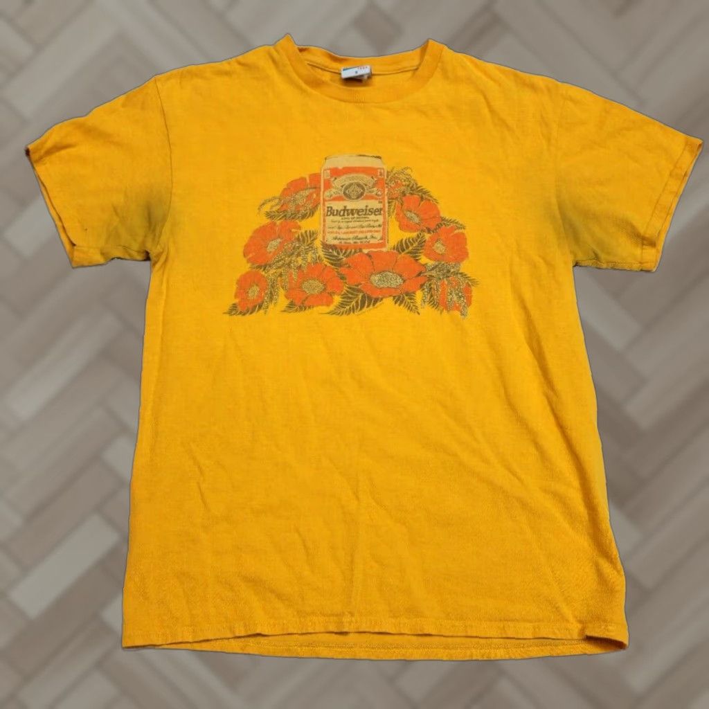 Food Vintage Junk Food Budweiser Floral Shirt Adult Small Yellow Graphic Print Crew Neck Short Hoodie, Sweatshirt