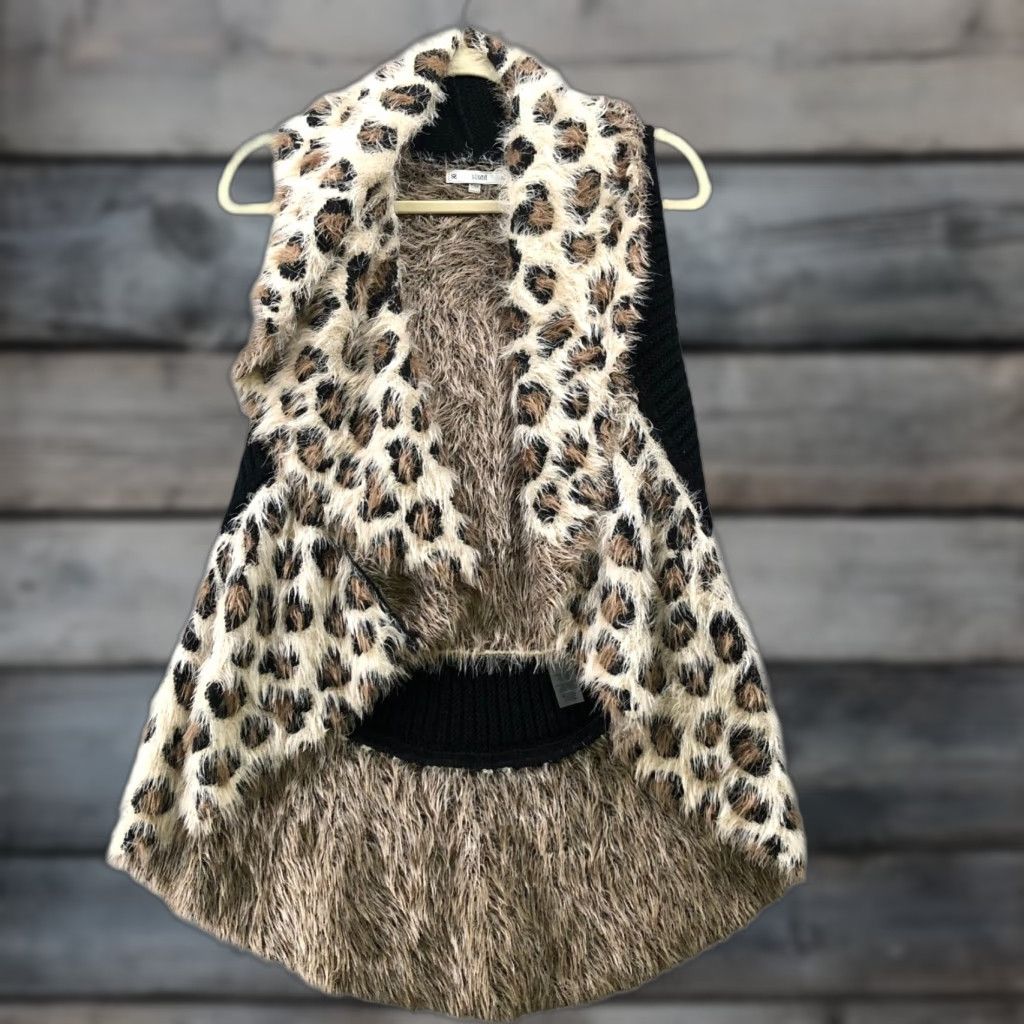 Vintage Sioni Sleeveless Cardigan Womens M Open Front Leopard Print Waterfall Knit Cardigan Brown Fa