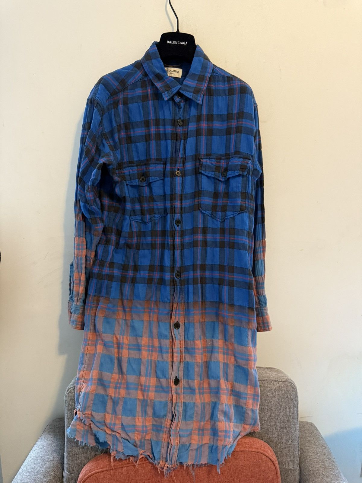 Laurent Paris Saint Laurent Fw15 Bleached Flannel Elongated Shirt