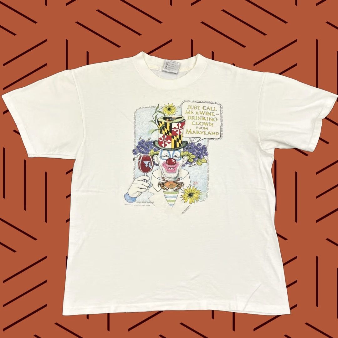 Vintage Clown Graphic T Shirt Mens Large White Maryland Wine Humor Funny Usa 90s Hoodie, Sweatshirt | FlexRushtees.com
