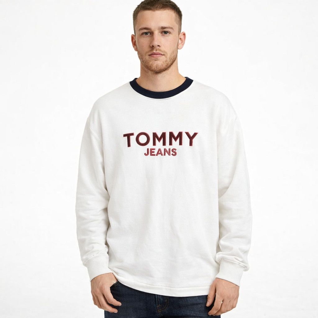 Tommy Hilfiger 90s Logo Crew Neck Sweatshirt Comfy Fall Winter Retro Travel T-Shirts, Hoodie | FlexRushtees.com