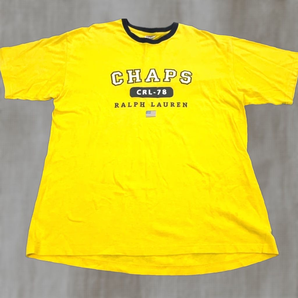 Vintage Chaps Ralph Lauren T Shirt Men L Yellow Ringer Spell Out Flag 90s Hipster Classic Retr