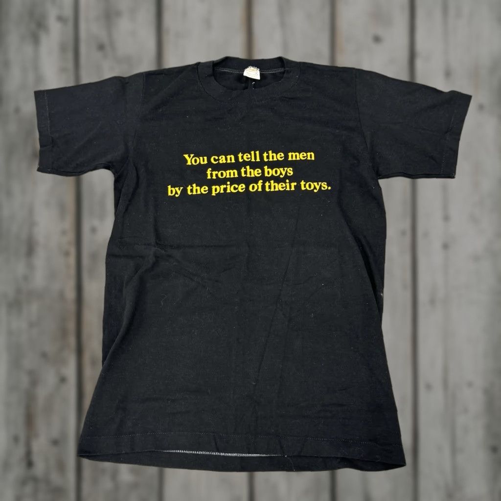 Vintage 70s You Can Tell The Men From The Boys Graphic Tee Shirt Mens Small Black Cotton 197