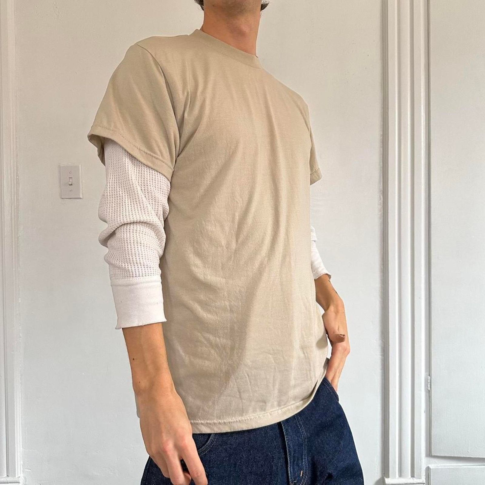 Perfect Vintage 90s Military Blank Tan Cream Basic Tee Shirt Hoodie, Sweatshirt | FlexRushtees.com