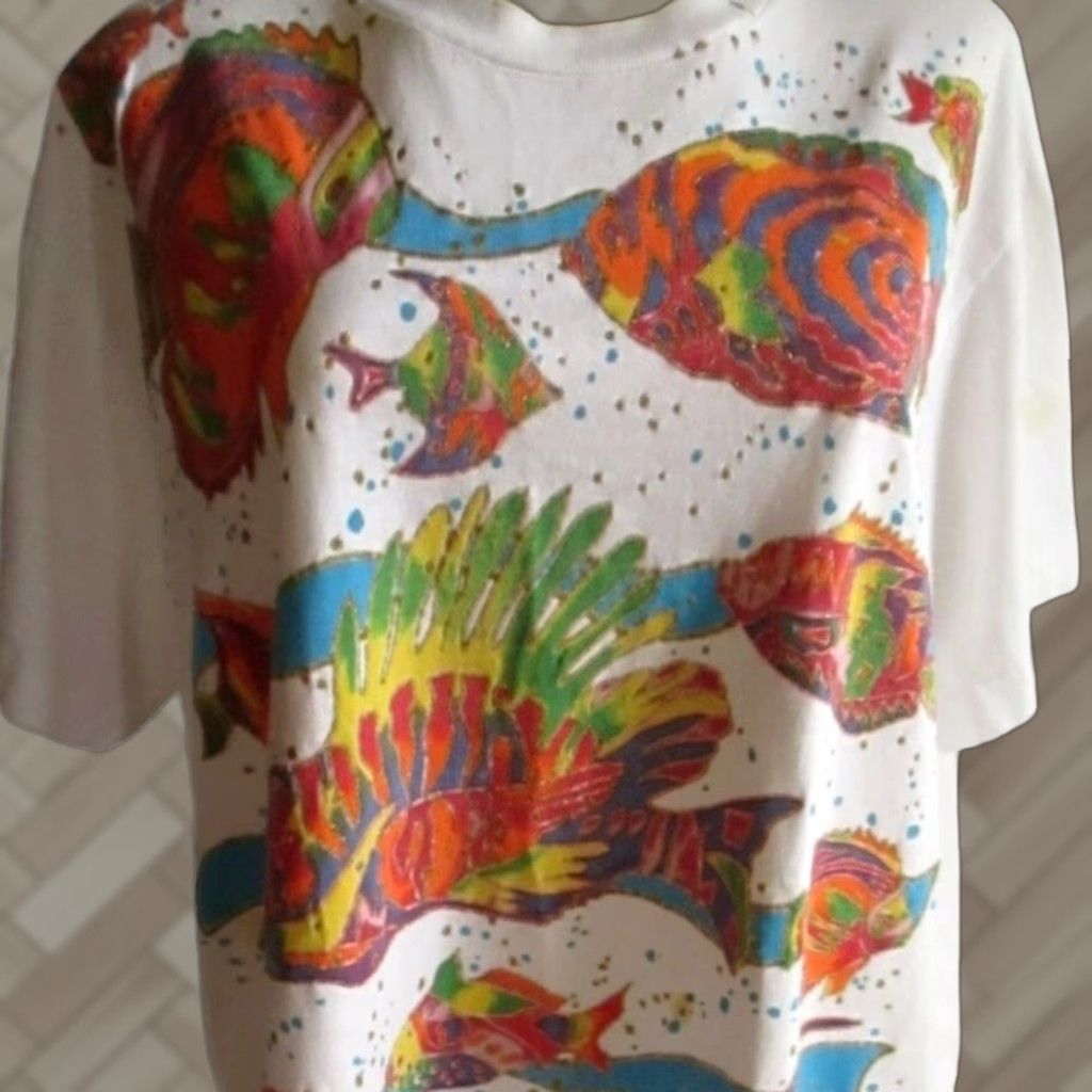 Vintage Roaman S Women S T Shirt 1990s Tropical Fish Graphic Cotton M White Glitter
