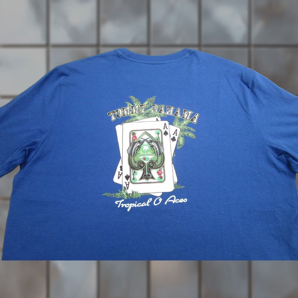 Bahama Tommy Bahama Graphic T Shirt Mens Medium Monaco Blue Tropical Aces Casino Print