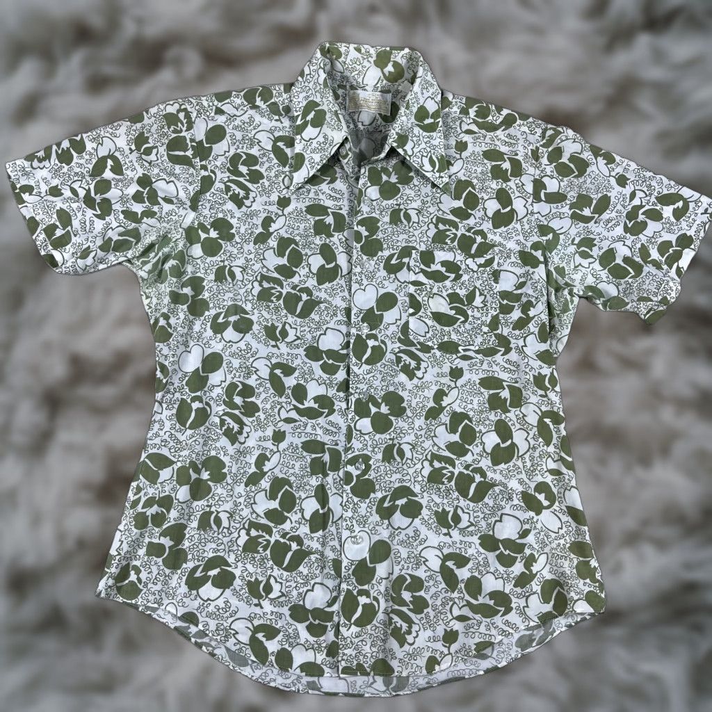Vintage Sears Kings Road Shirt Mens Large Green Floral Hawaiian Disco 70s 60s Cotton Polyester