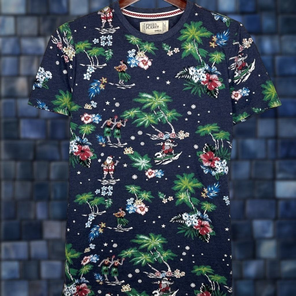Vintage Free Planet T Shirt Surfing Santa Christmas Tropical Graphic Navy Blue Adult S Short Sleeve