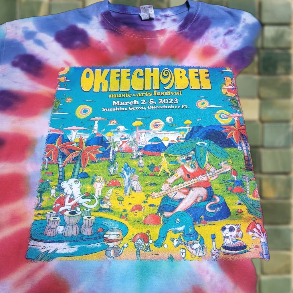Gildan Okeechobee Music Festival Shirt Large Tie Dye Multicolor Psychedelic Band Graphic Print Crew