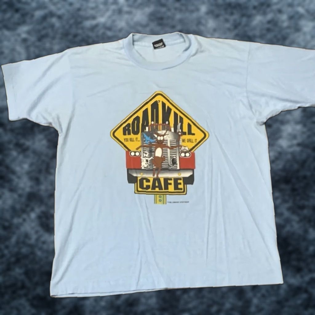 Vintage Vtg 1992 Roadkill Cafe T Shirt Adult Xl Double Sided Blue Humour Logo Graphic Print Hoodie, Sweatshirt