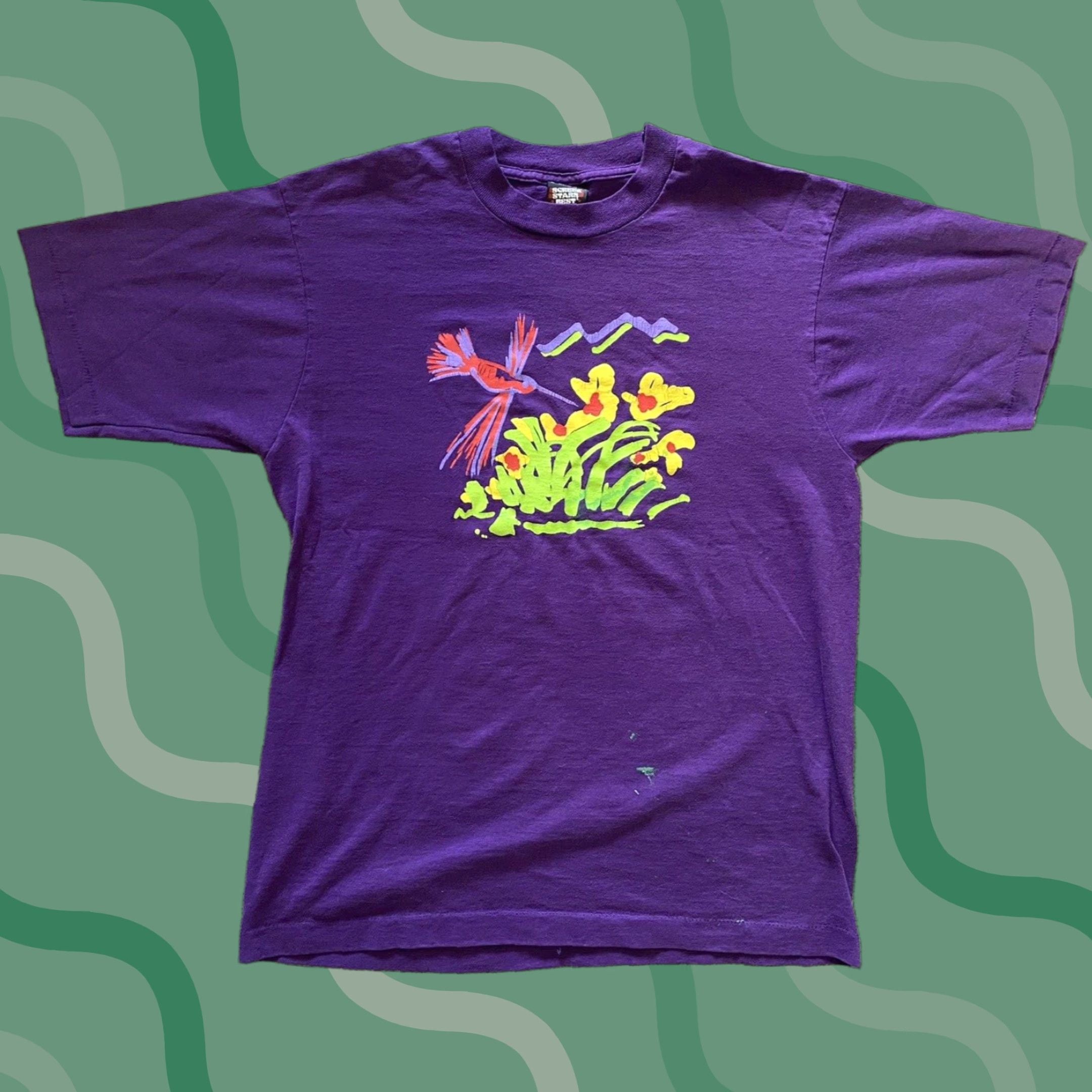 Vintage Screen Stars Best Shirt Mens L Short Sleeve Made Usa Purple Hummingbird