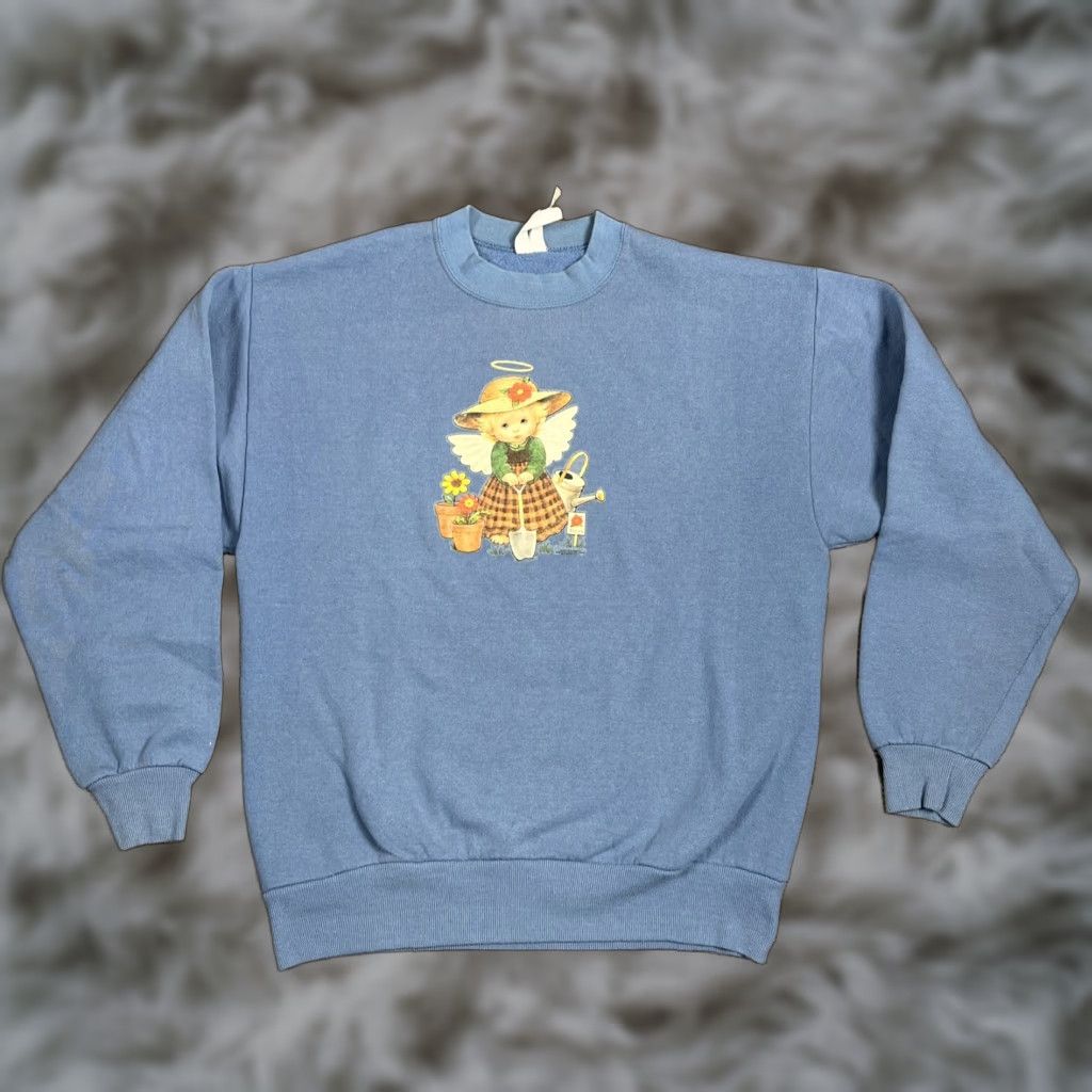 Vintage Garden Angel Helper Crewneck Sweatshirt Blue L M Cute Fall Spring Vtg Crew Neck Unis T-Shirts, Hoodie