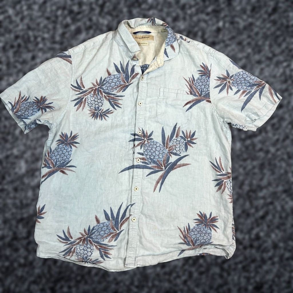 Bahama Tommy Bahama Shirt Men Medium Linen Island Modern Fit Hawaiian Tropical Floral Blue Lin