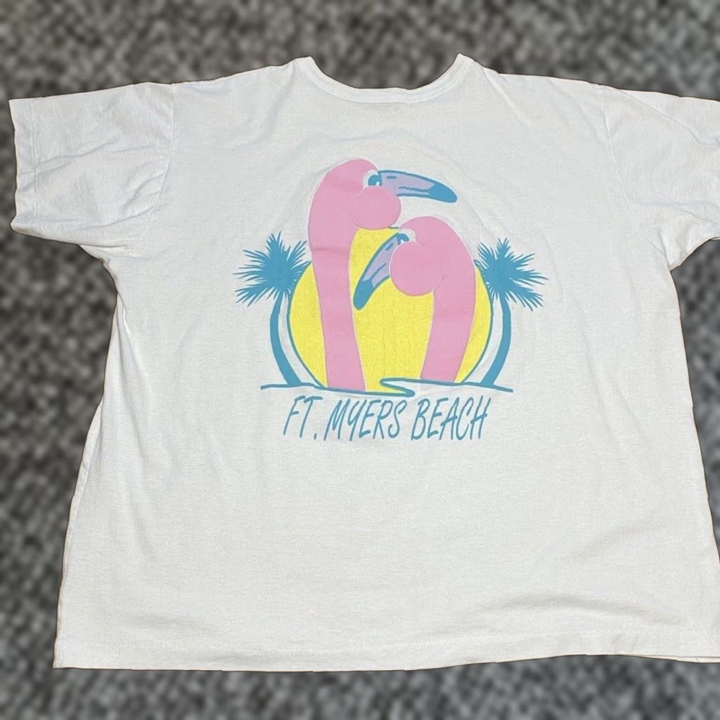 Vintage Diport Usa Men T Shirt Short Sleeve 3xl White Florida Beach Tropical Flamingo Made I