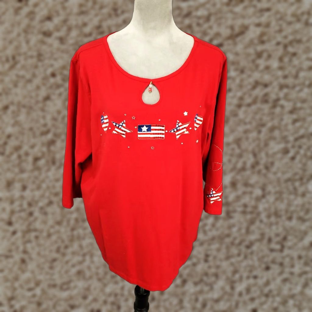 Factory Vintage Quacker Factory Patriotic Top Shirt Womens Xl Multicolor Usa Flag Embroidere