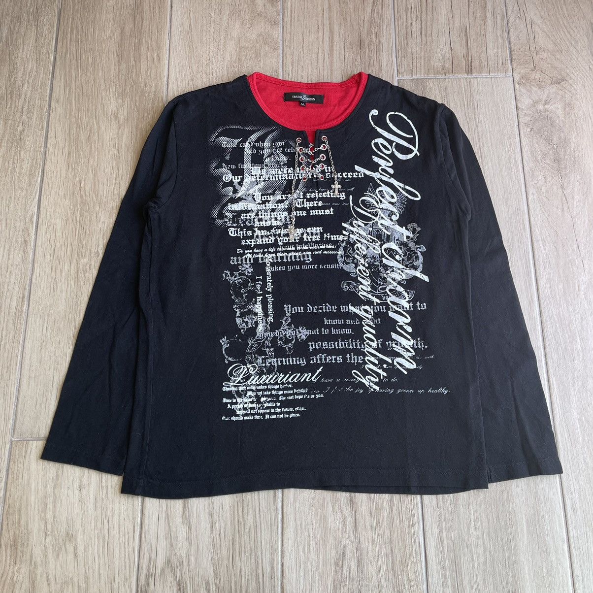 Japanese Brand Triune 3 Design Gothic Poem Eyelet Cross Chain Layer T Shirt