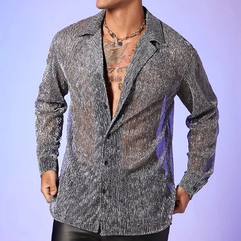 Vintage Sexy Transparent Mesh Men Shirt Spring Party Hoodie, Sweatshirt | FlexRushtees.com