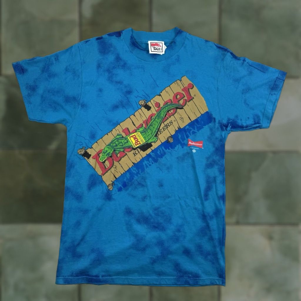 Budweiser Vintage Novel Tees Beer T Shirt Mens Large Blue 90s Alligator Tie Dye Promo
