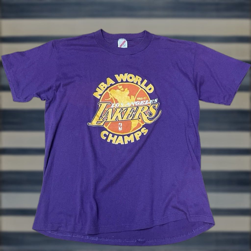 Jerzees Vintage Los Angeles Lakers T Shirt 1986 87 Nba Jersey Champs Purple Adult Large White Letter Hoodie, Sweatshirt