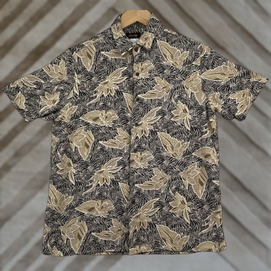Elba Tasso Elba Hawaiian Shirt Medium Tan Black Silk Blend Tropical Beach Casual Camp