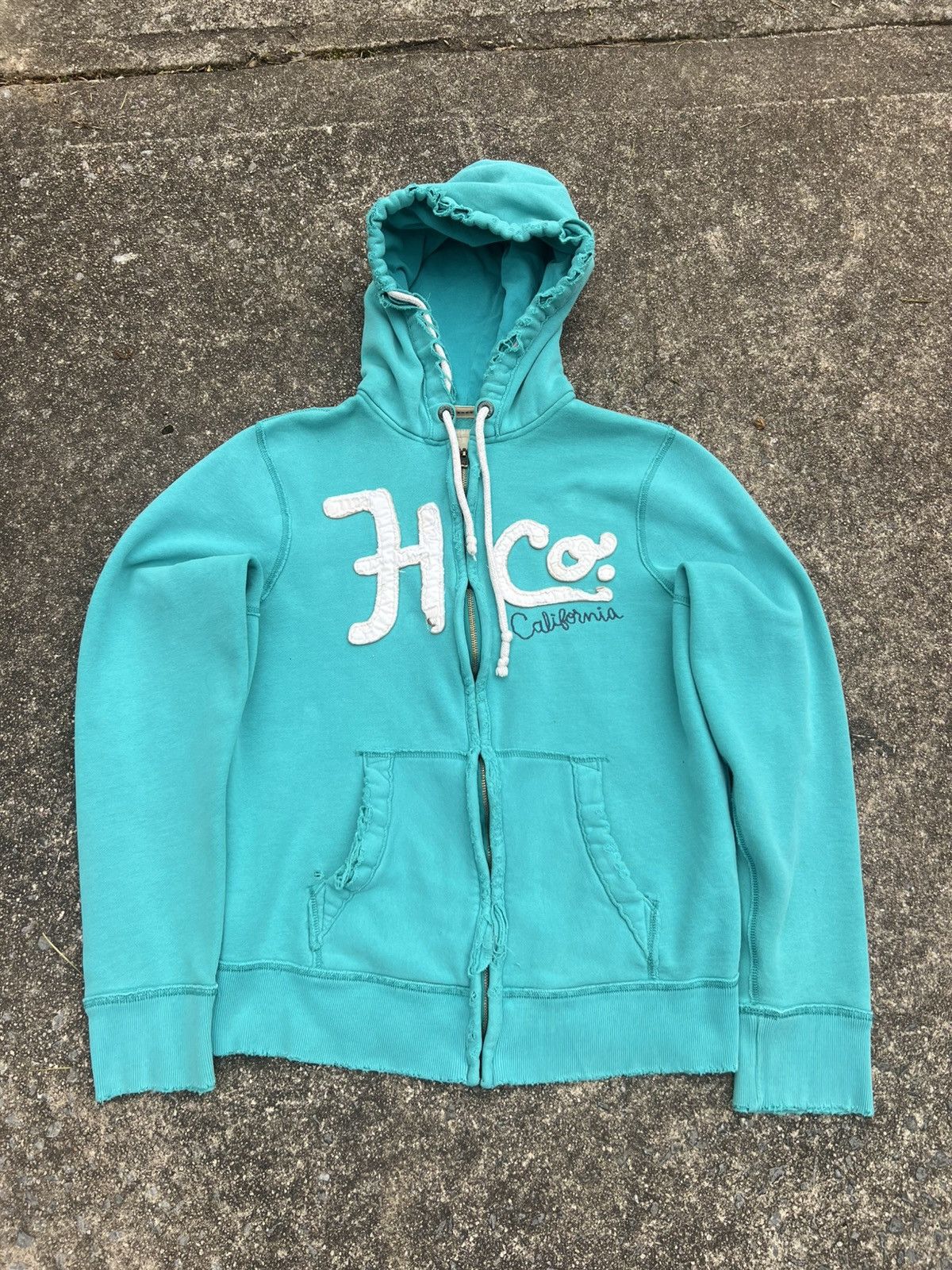 Mens Y2k Hollister Zip Up Hoodie Embroidered Teal Blue 2010s