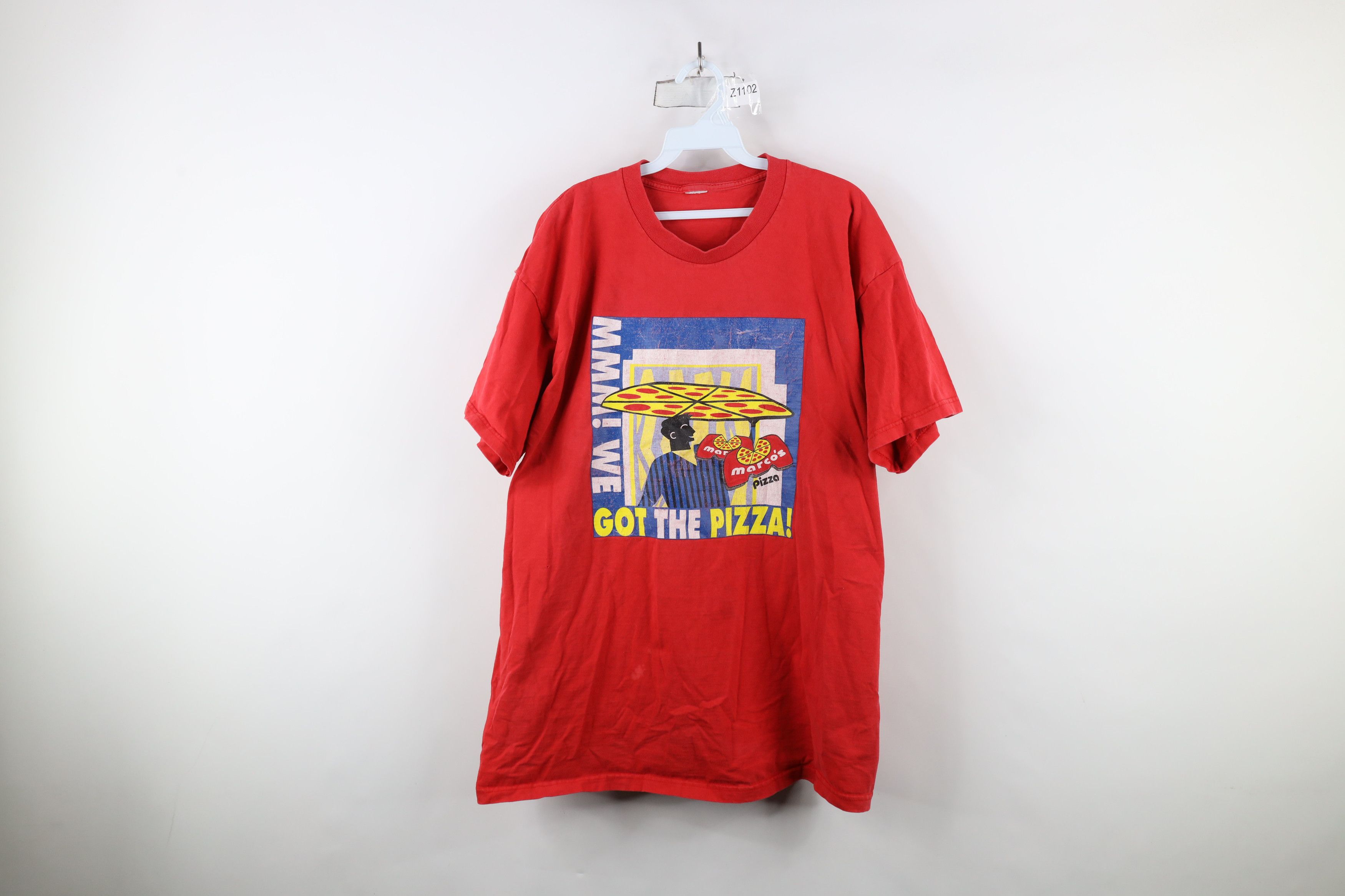 Vintage 90s Spell Out Marcos Pizza Short Sleeve T Shirt Red Hoodie, Sweatshirt | FlexRushtees.com