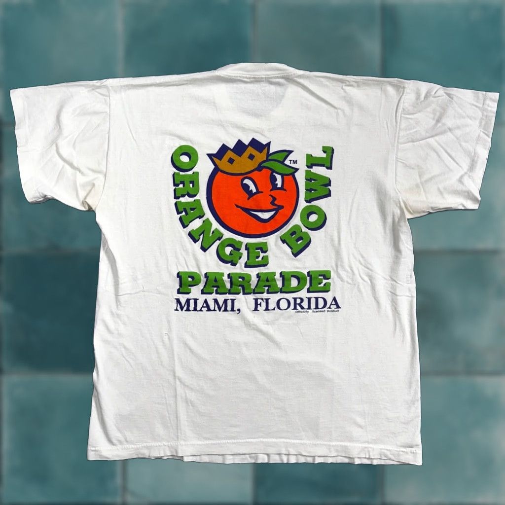 Vintage Screen Stars T Shirt Orange Bowl Parade 90s Miami Florida White Crew Neck Short Slee