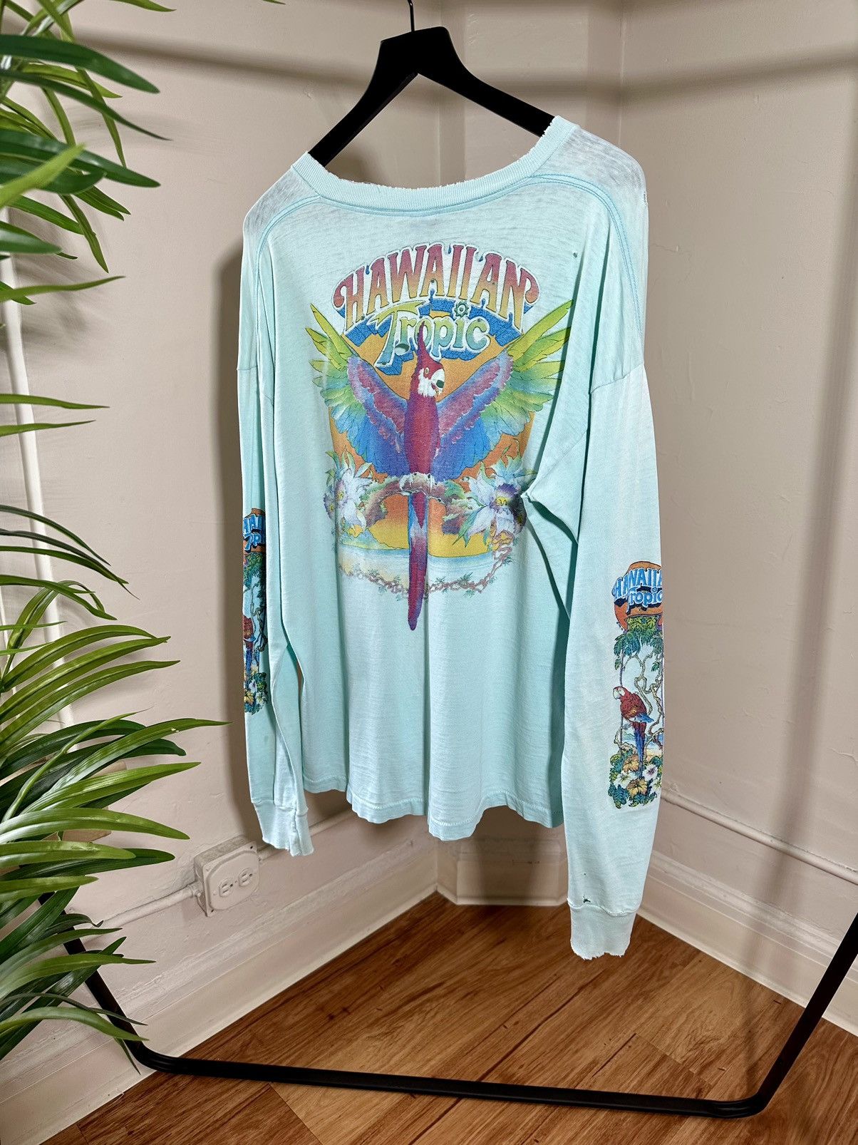Vintage Xl 80 S Thrashed Tropical Vintage Blue Long Sleeve Tee
