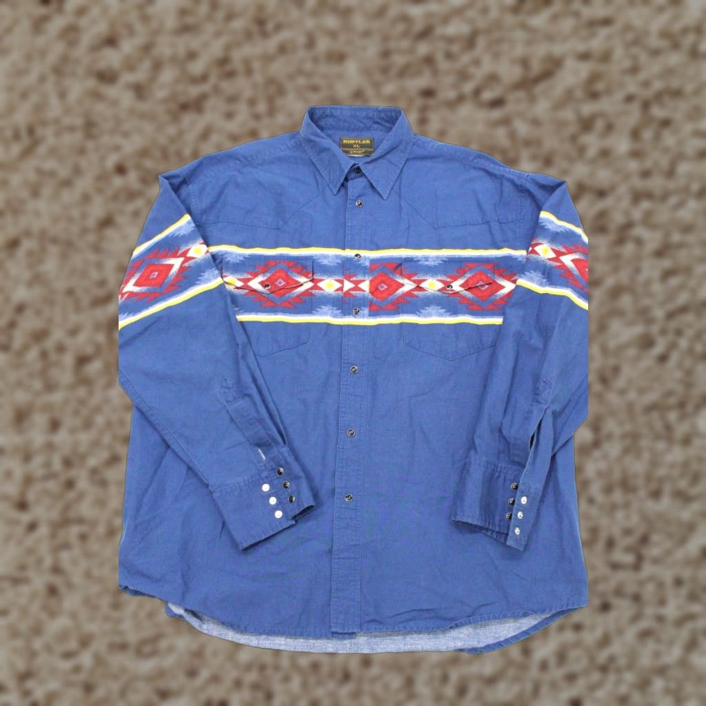 Wrangler Brushpopper Mens Xl Extra Large Western Shirt Aztec Embroidered Cowboy