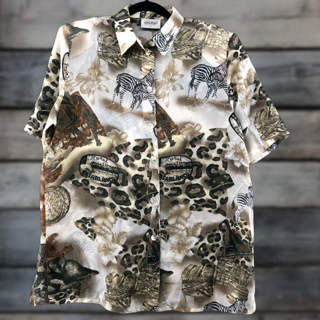 Casablanca Vintage Unbranded Animal Print Shirt Mens M Chiffon Sheer Short Sleeve Beige Hawaiian Tro