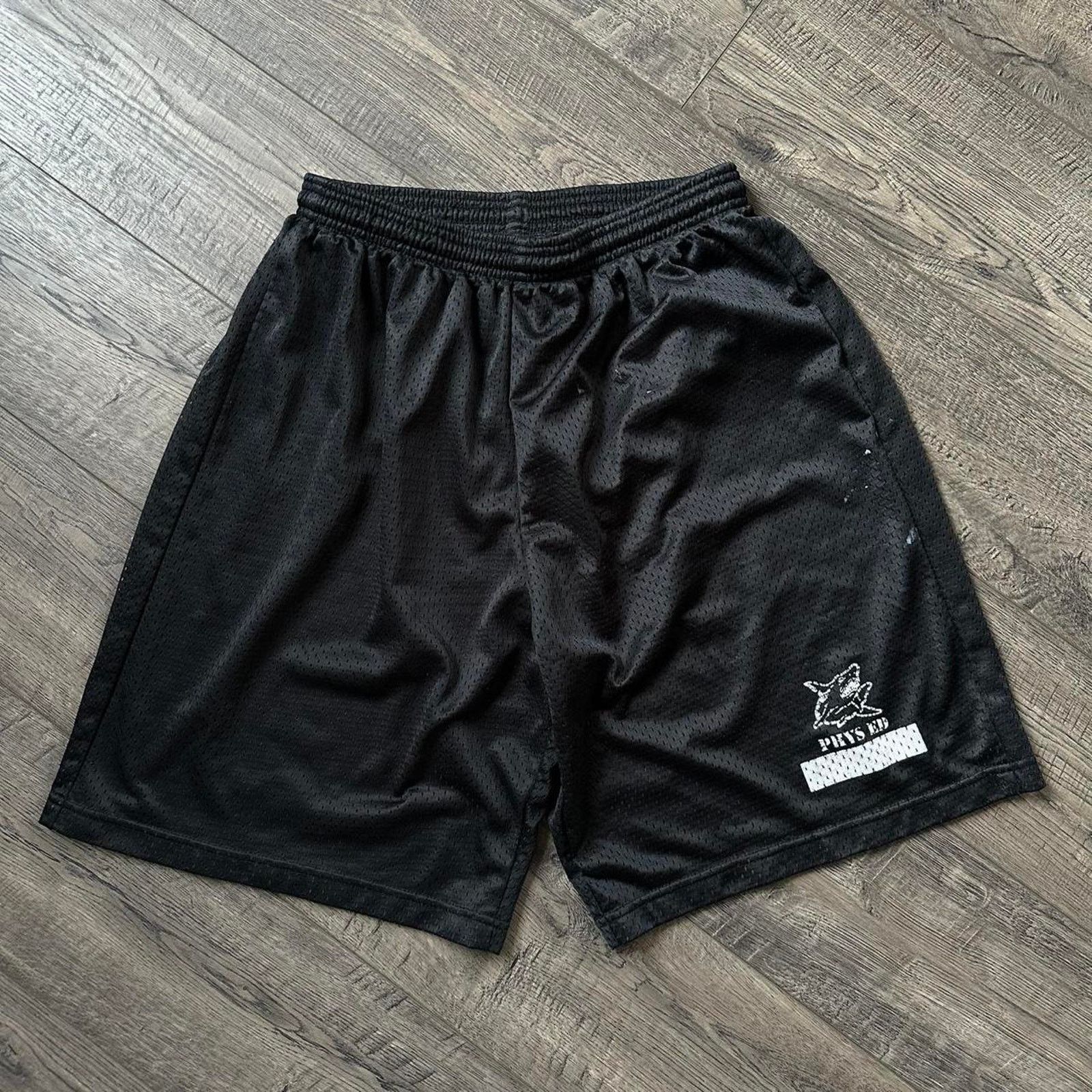 Vintage Black Mesh Sharks Phys Ed Gym Class Basketball Short