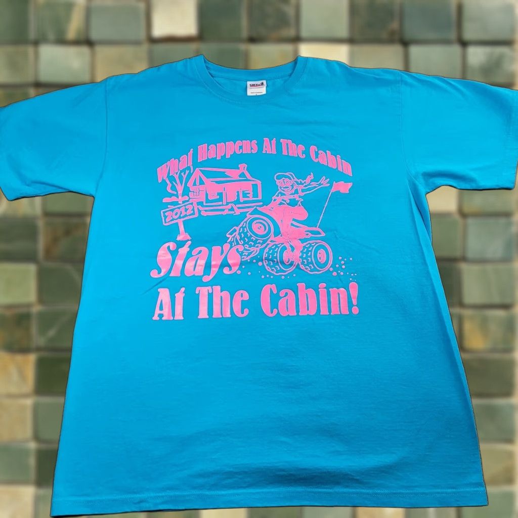 Anvil What Happens At The Cabin Stays At The Cabin Y2k 4 Wheeler Camping Tshirt Size L Blue Anvil Un Hoodie, Sweatshirt