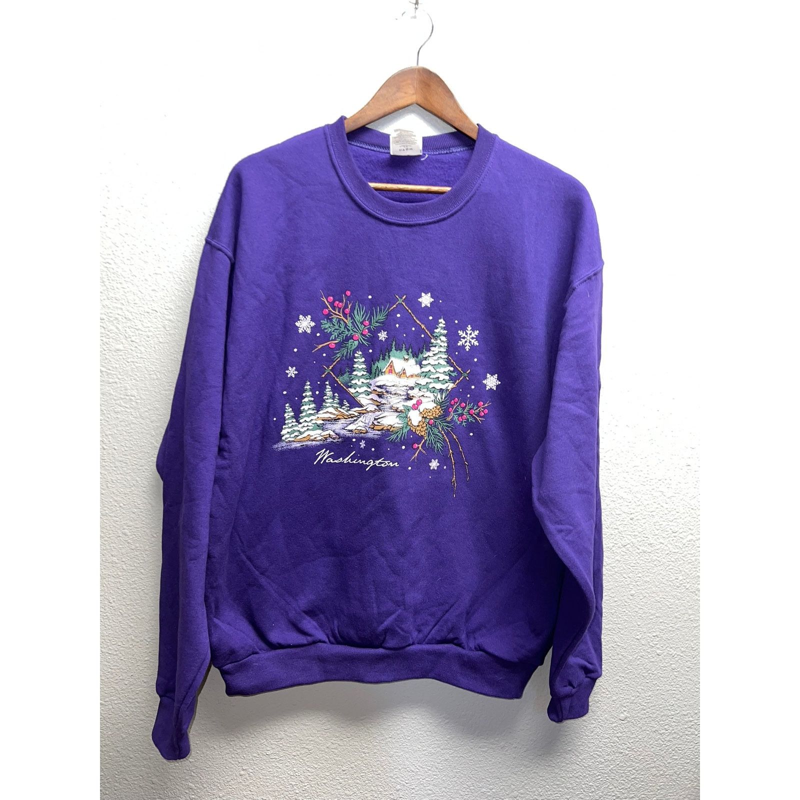 Jerzees Vintage Washington Sweatshirt Purple Winter Tree Cabin 90s L T-Shirts, Hoodie | FlexRushtees.com