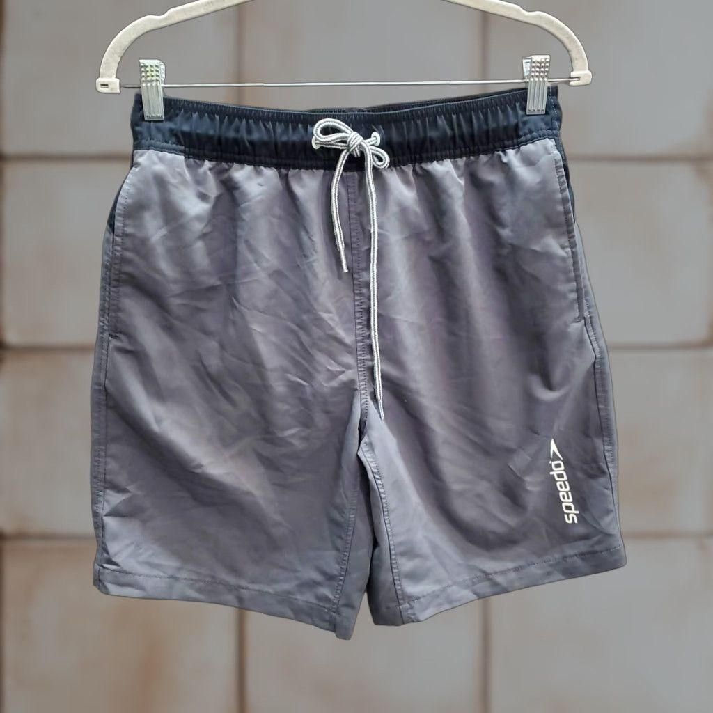Speedo Men Swimwear Small Gray Swim Trunks Logo Surf Beach Drawstring Trunks