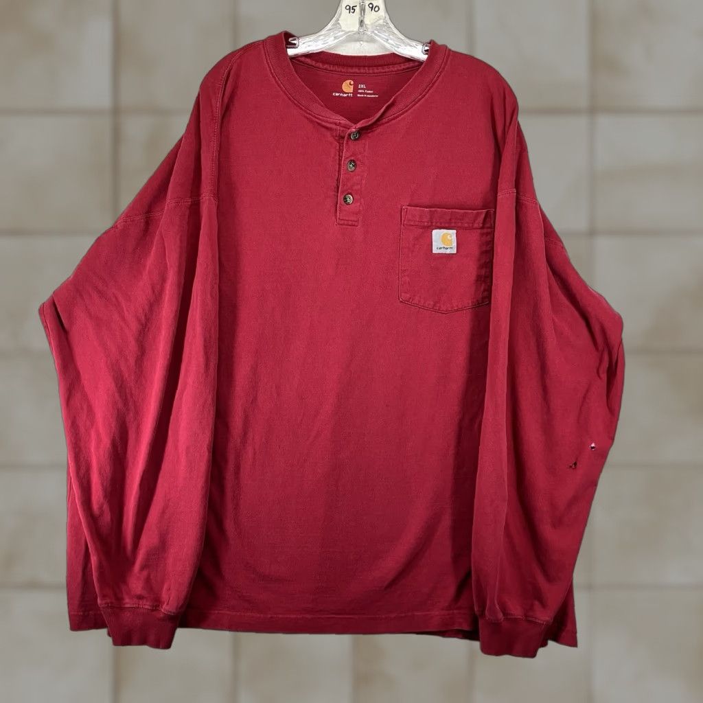 Carhartt T Shirt Mens 2xl Long Sleeve Henley All Cotton Red Logo Classic Outdoor Utility Re