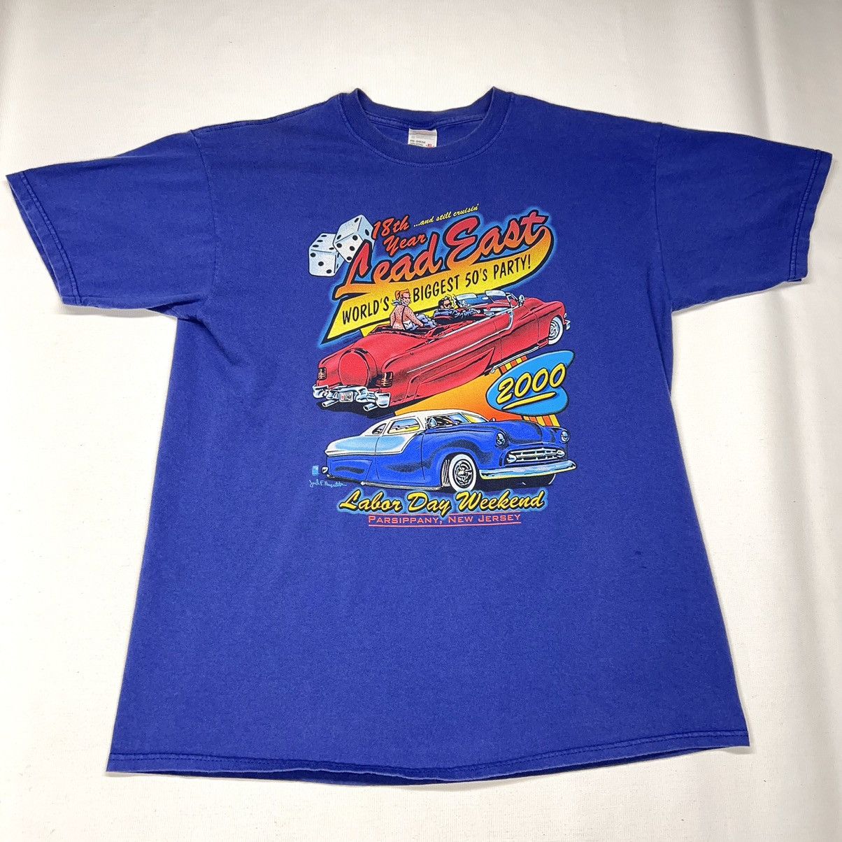 Vintage Vtg Car Tee Shirt Blue Hot Rod Classic Auto Graphic Retro