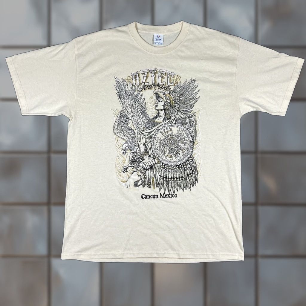 Vintage Yazbek Aztec Warrior T Shirt Mens Xl Ivory Cotton Graphic All Over Print Mexico Euc