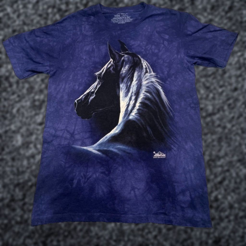 Mountain Vintage The Mountain T Shirt Mens Small Blue Tie Dye Horse Animal Print Short Sleeve 90