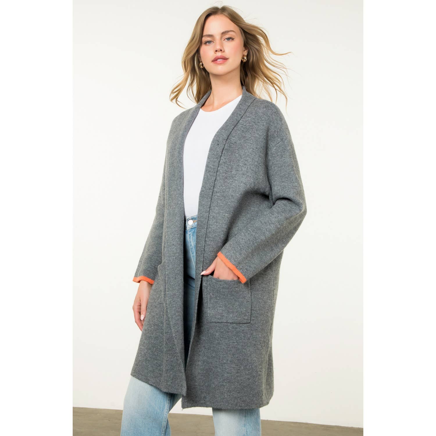 Contrast Cuff Open Front Knit Cardigan