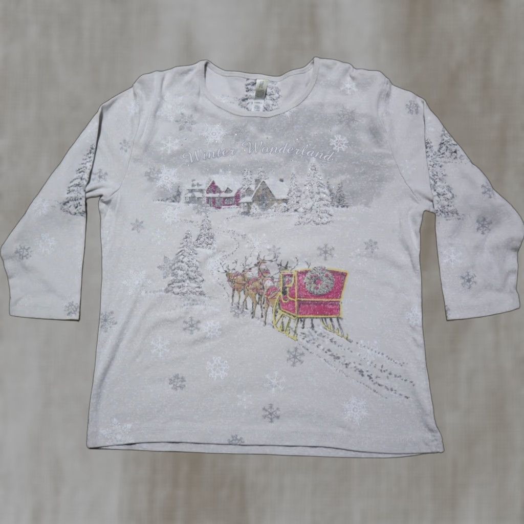 Vintage Unbranded Shirt Mens Xl White Christmas Glitter Crewneck Lightweight Sweatshirt Winter Wonde Hoodie