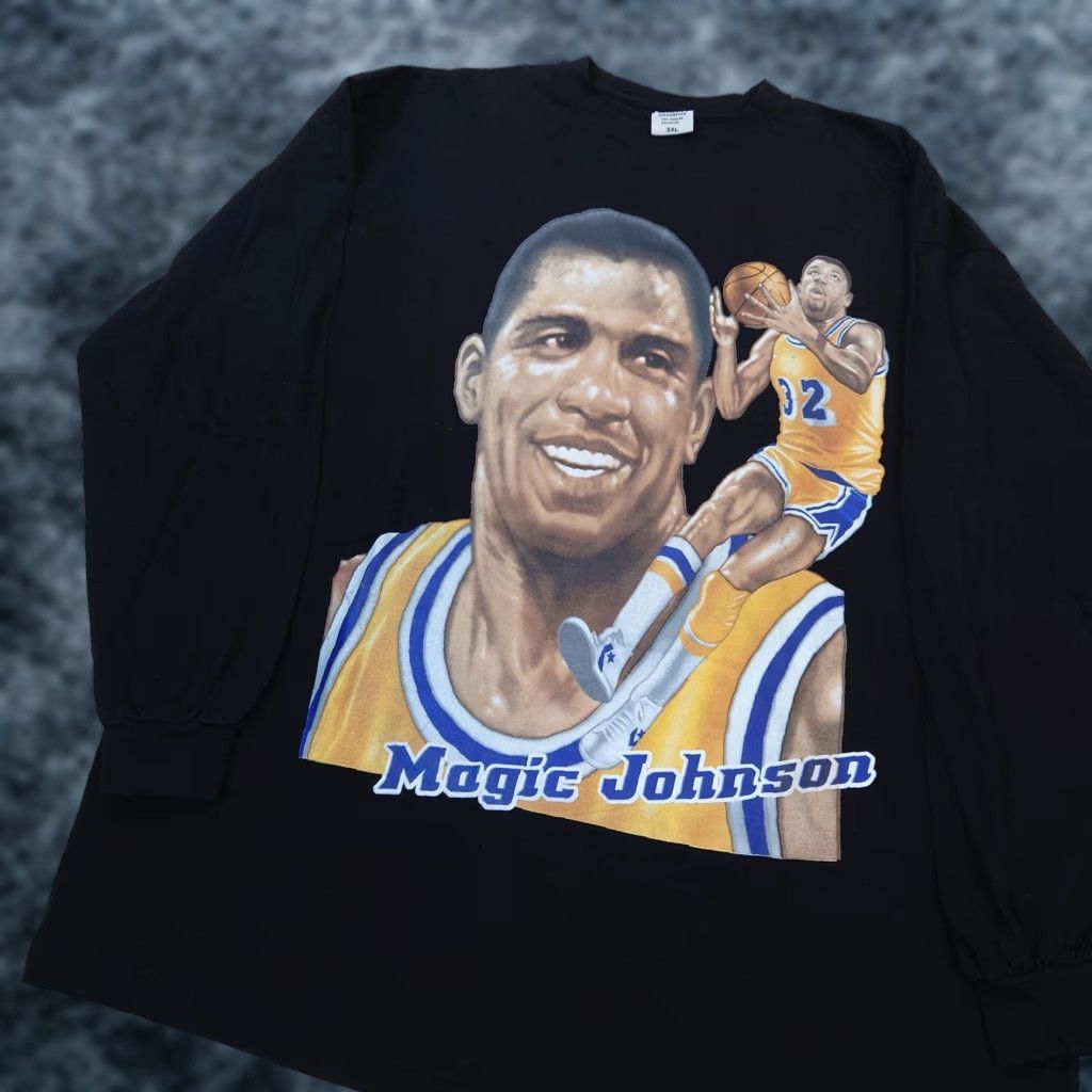 Nba Vintage 2000s Magic Johnson Nba Long Sleeve T Shirt Men 3xl Black Cotton Knit Logo