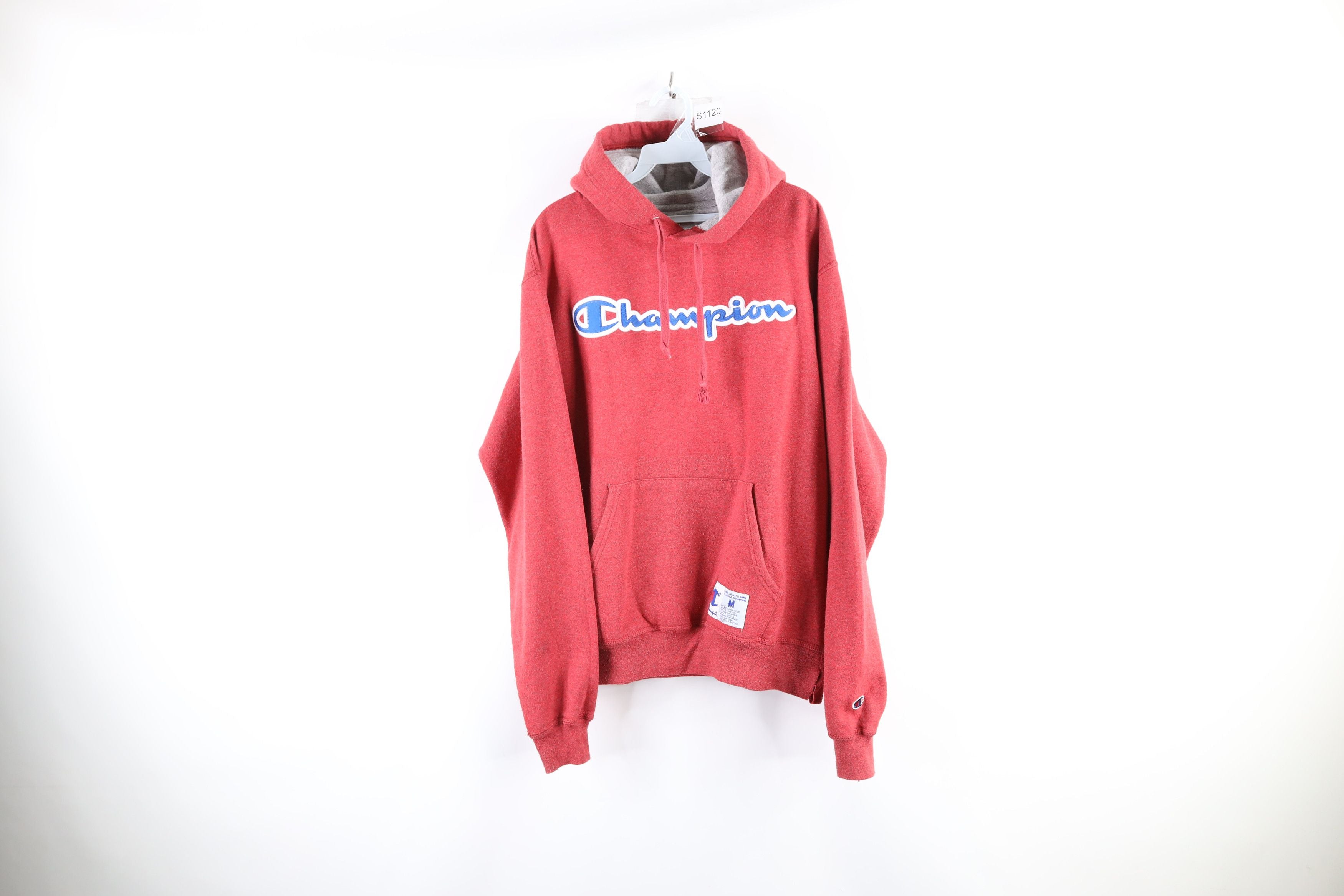 Vintage Champion Spell Out Script Hoodie Sweatshirt Red T-Shirts | FlexRushtees.com