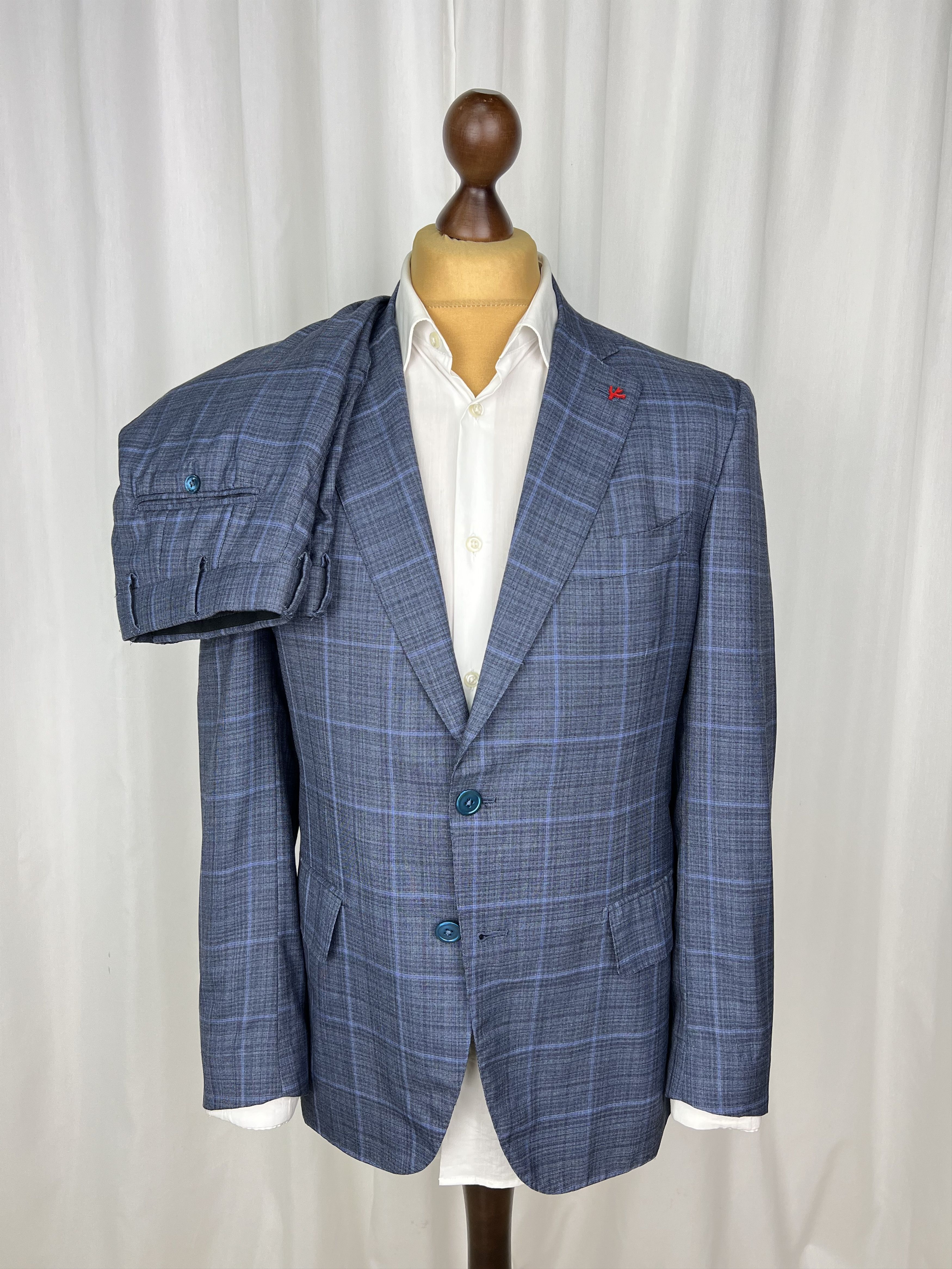 Isaia Napoli Windowpane Check Half Lined Wool Silk 2 Piece Suit