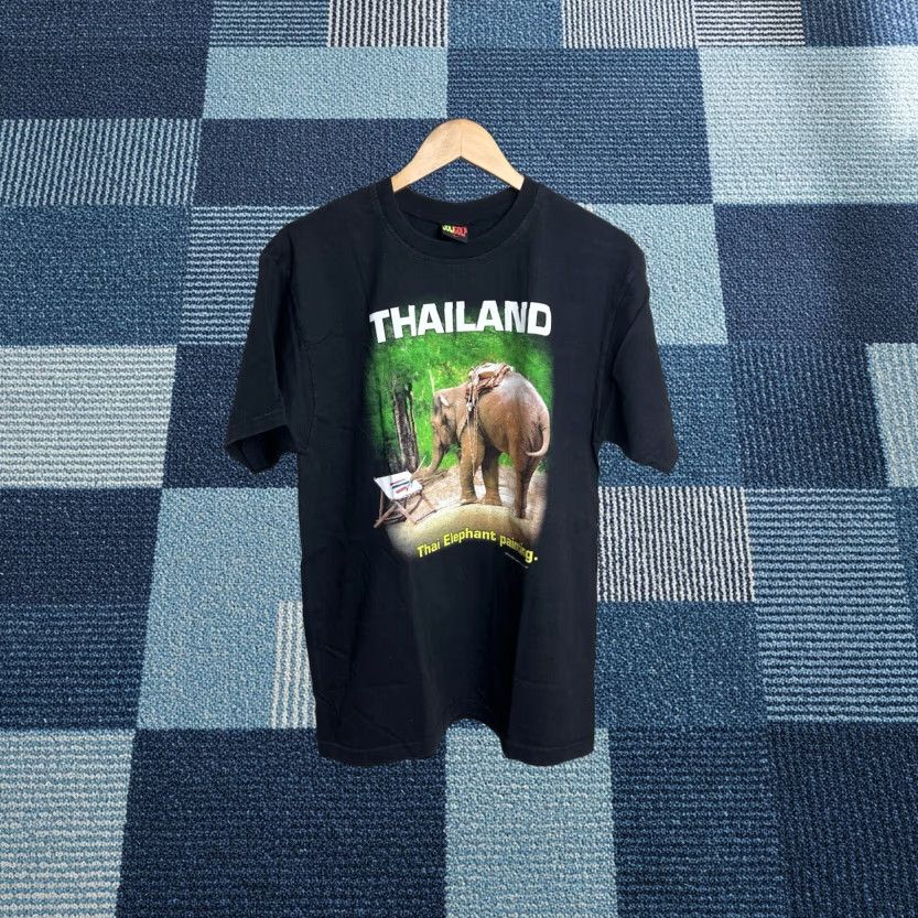 Vintage Thailand Elephant Painting T Shirt Adult Large Black Short Sleeve Dominant Elephant Hoodie, Sweatshirt