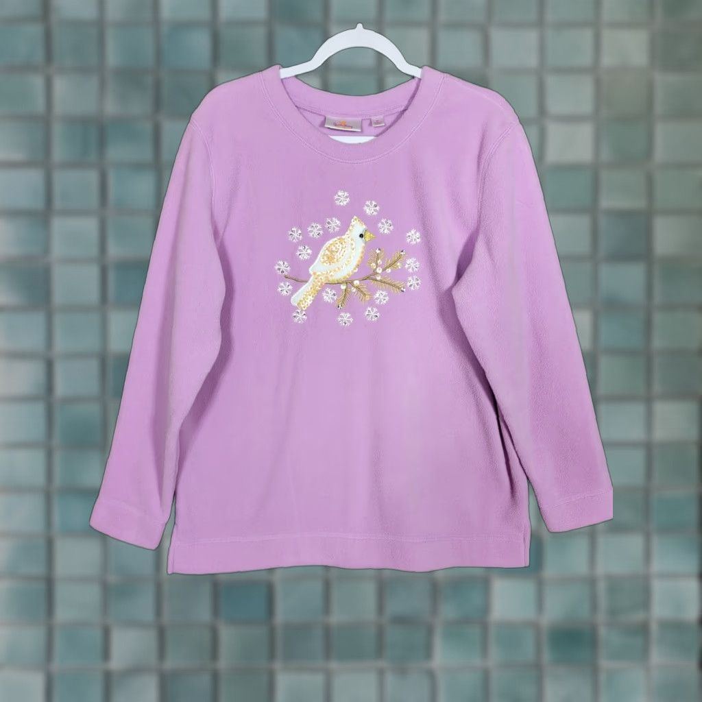Factory Quacker Factory Top Fleece Womens Sz M White Gold Cardinal Snowflakes Sequins