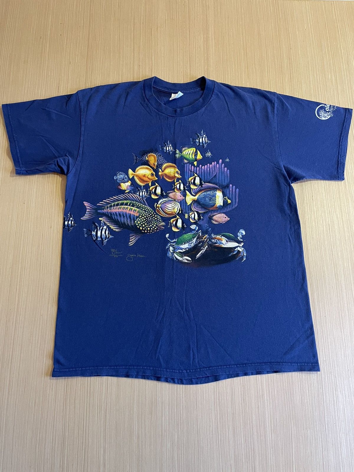 Vintage 1999 Wraparound Print Tropical Fish Tee Shirt Blue 90s Y2k