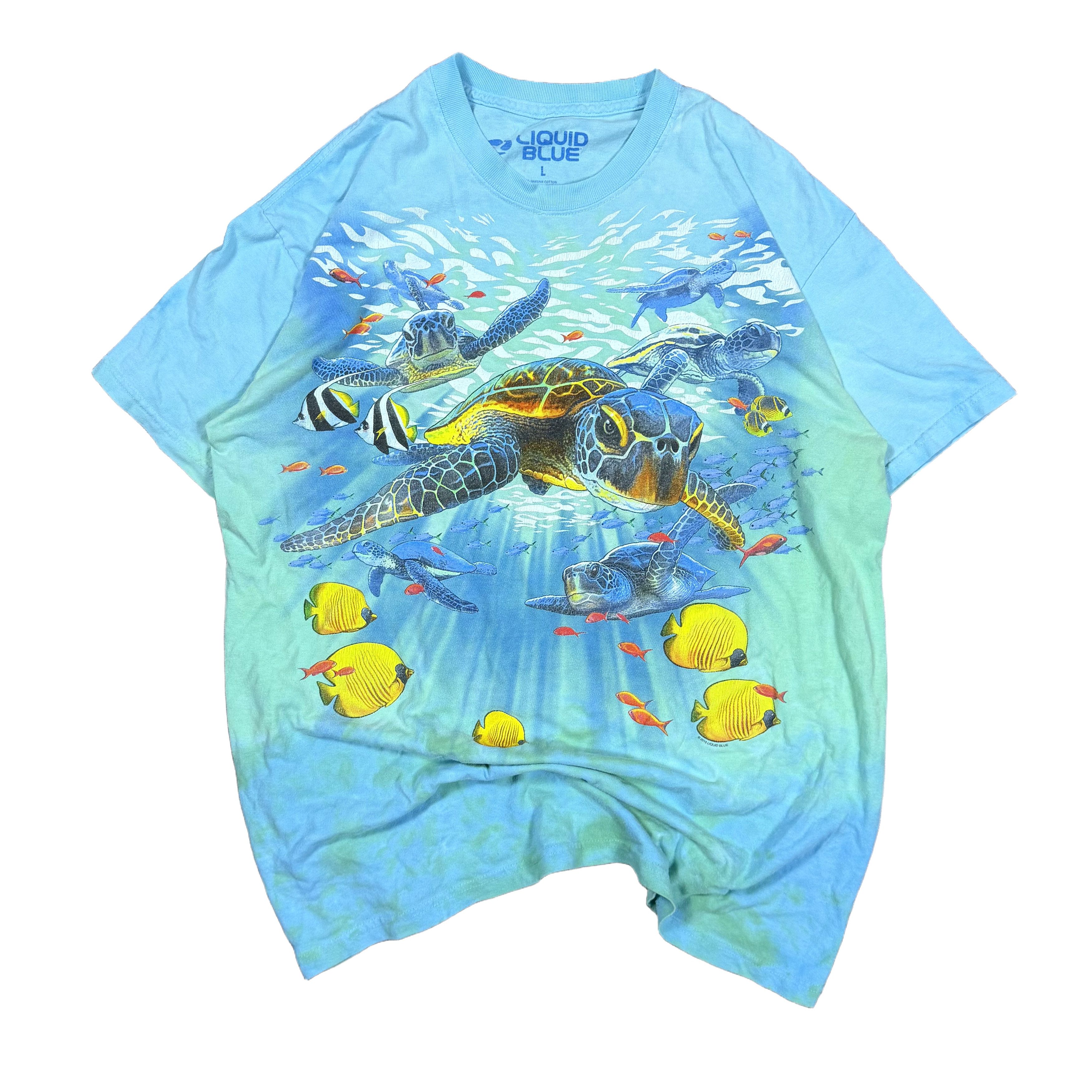 Blue Liquid Blue Sea Turtle Ocean Graphic T Shirt Large Tie Dye