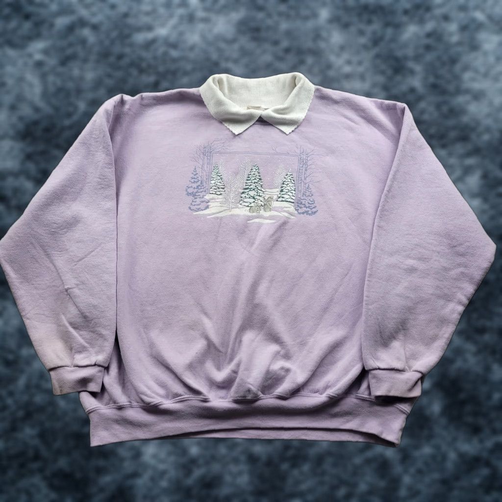 Vintage Morning Sun Womens Sweatshirt 3xl Purple Winter Rabbits Collared Pullover Fleece Gra